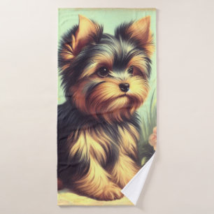 Vintage Yorkshire Terrier Painting Bath Towel