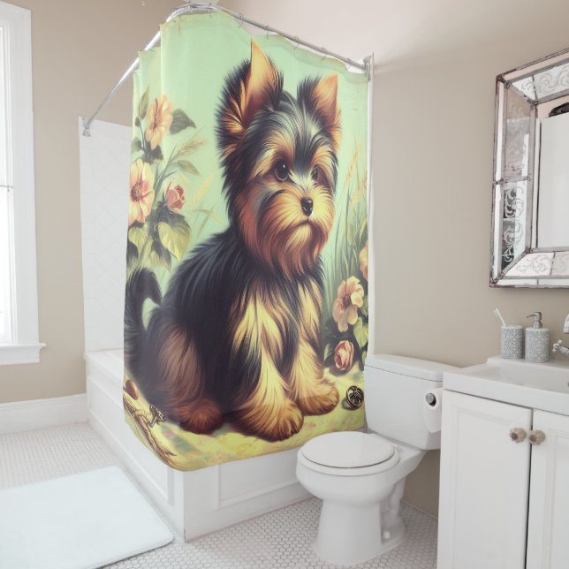 Vintage Yorkshire Terrier Painting Shower Curtain (In Situ)