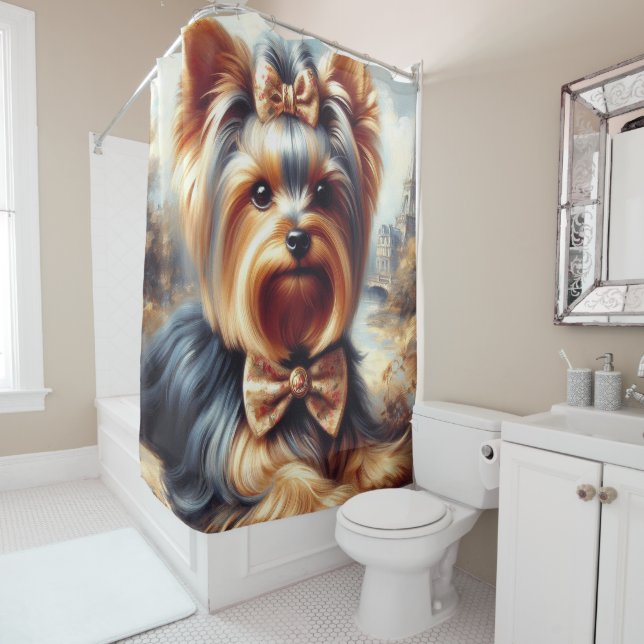 Vintage Yorkshire Terrier Painting Shower Curtain (In Situ)