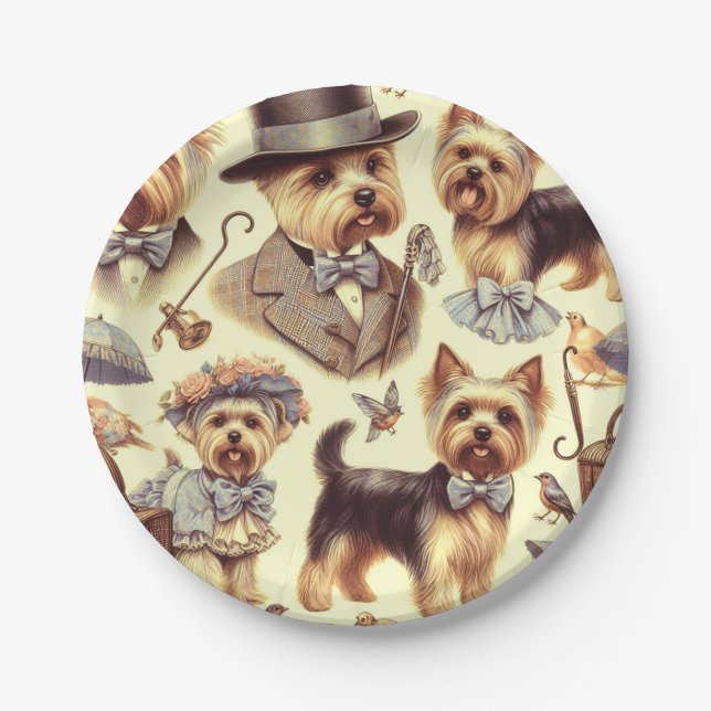 Vintage Yorkshire Terrier Seamless Paper Plate (Front)