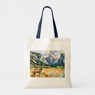Vintage Yosemite Half Dome Animal Deer Painting Tote Bag