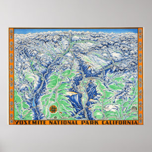 Vintage Yosemite National Park California Map 1955 Poster