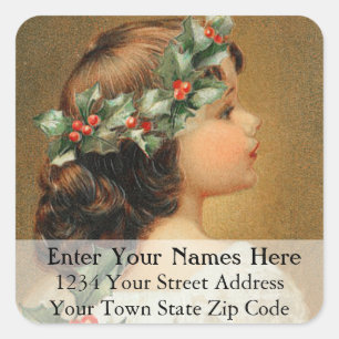 Vintage Young Girl With Holly Address Label