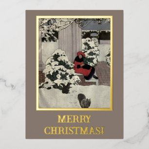 Vintage Young Woman Red Black Christmas Tree Doors Foil Holiday Postcard