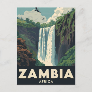 Vintage Zambia Travel Poster Waterfall Postcard