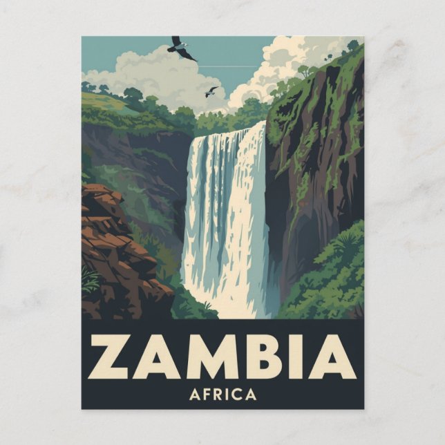Vintage Zambia Travel Poster Waterfall Postcard (Front)