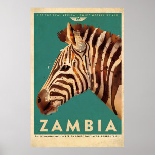 Vintage Zambia Zebra Travel Poster