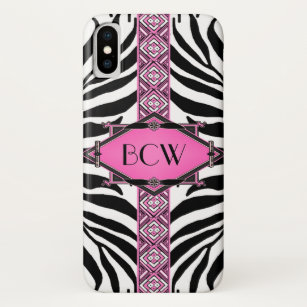 Vintage Zebra Art Deco Pink Diamond Monogram Case-Mate iPhone Case