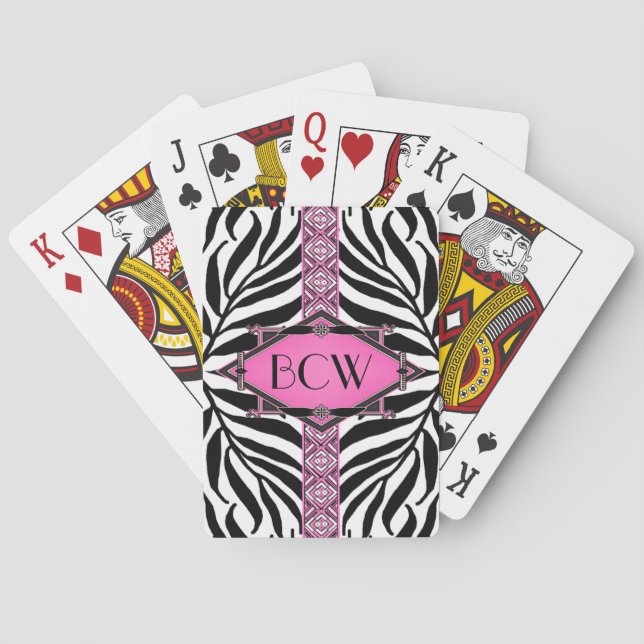 Vintage Zebra Art Deco Pink Diamond Monogram Playing Cards (Back)