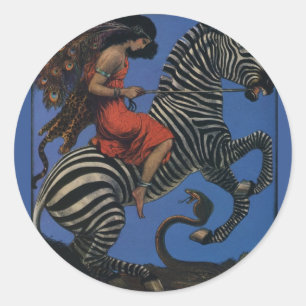 Vintage Zebra Art Nouveau Woman Classic Round Sticker