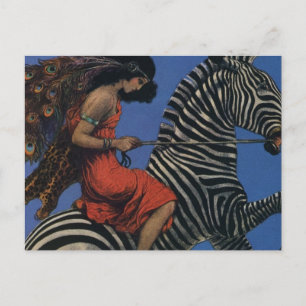 Vintage Zebra Art Nouveau Woman Postcard