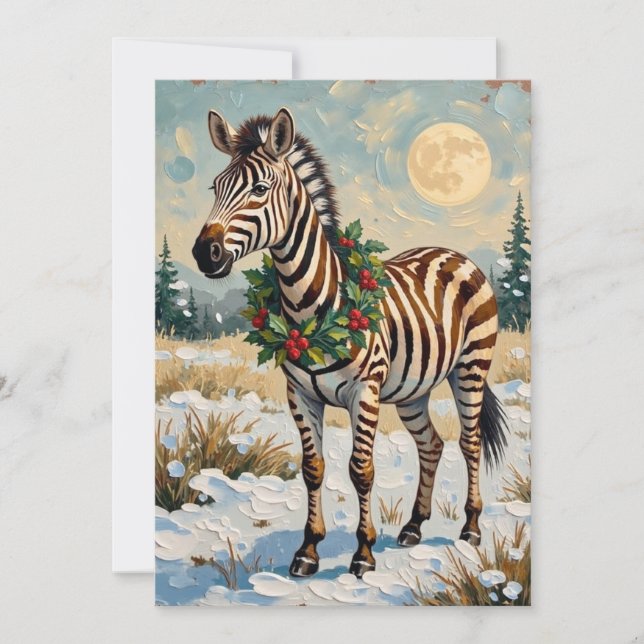 Vintage Zebra in Snowy Christmas Field Holiday Card (Front)