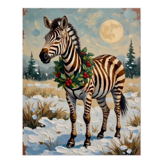 Vintage Zebra in Snowy Christmas Field Poster (Front)