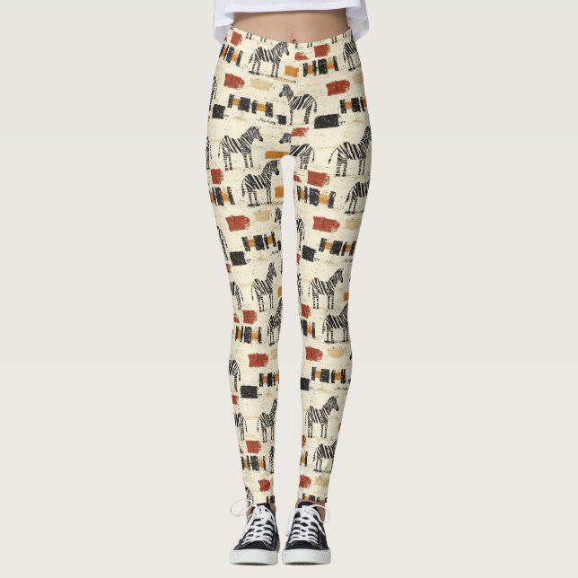 Vintage Zebra Pattern Rustic Boho Safari Print Leggings (Front)
