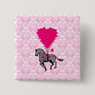 Vintage zebra & pink heart balloons 15 cm square badge