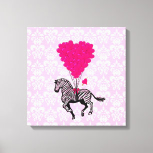 Vintage zebra & pink heart balloons canvas print