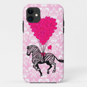 Vintage zebra & pink heart balloons iPhone 11 case