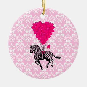 Vintage zebra & pink heart balloons ceramic tree decoration