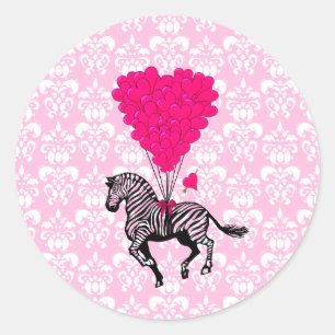 Vintage zebra & pink  heart balloons classic round sticker