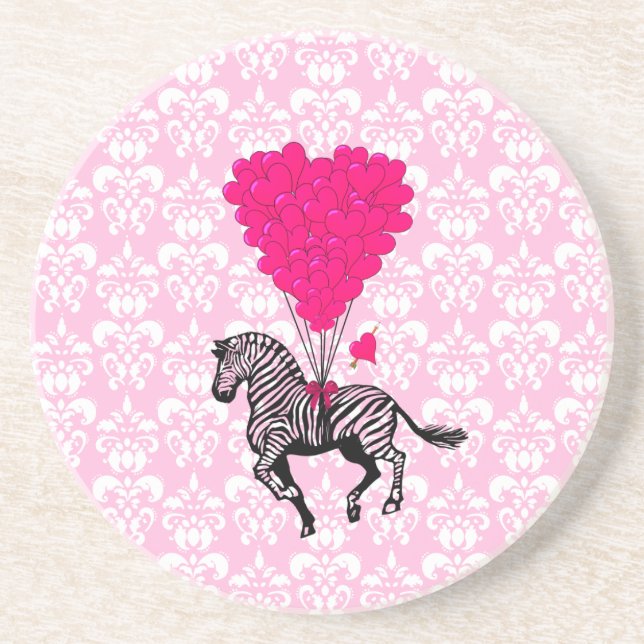 Vintage zebra & pink  heart balloons coaster (Front)