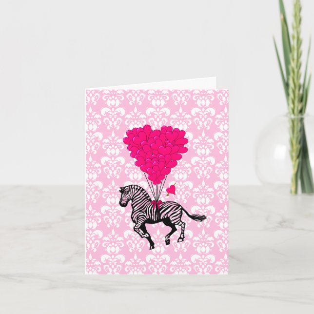 Vintage zebra & pink  heart balloons holiday card (Front)