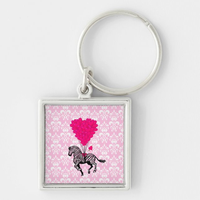 Vintage zebra & pink  heart balloons key ring (Front)