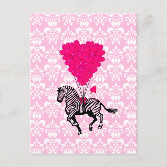 Vintage zebra & pink  heart balloons postcard (Front)