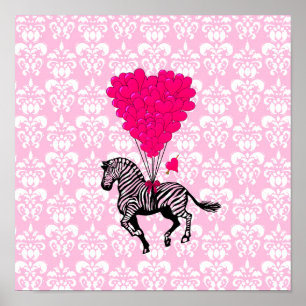 Vintage zebra & pink  heart balloons poster
