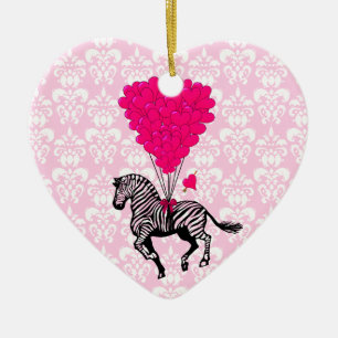 Vintage zebra & pink heart on damask ceramic tree decoration