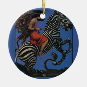 Vintage Zebra with Art Nouveau Woman Rider Ceramic Tree Decoration