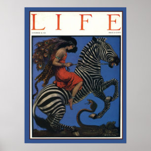 Vintage Zebra with Art Nouveau Woman Rider Poster