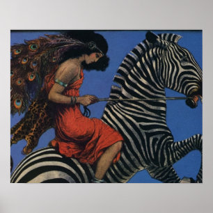 Vintage Zebra with Art Nouveau Woman Rider Poster