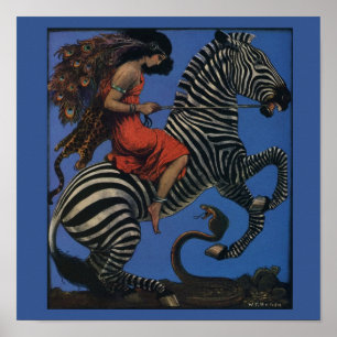 Vintage Zebra with Art Nouveau Woman Rider Poster