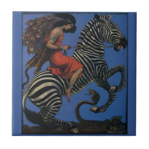 Vintage Zebra with Art Nouveau Woman Rider Tile