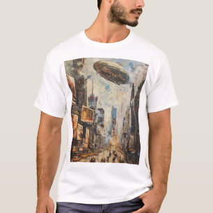 Vintage Zeppelin Airship Over New York City - Oil  T-Shirt