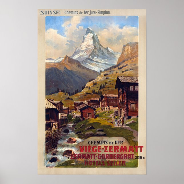 Vintage Zermatt Switzerland Matterhorn Travel Poster (Front)