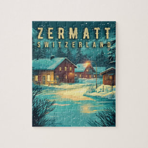 Vintage Zermatt, Switzerland: Snowy Alps at Night Jigsaw Puzzle