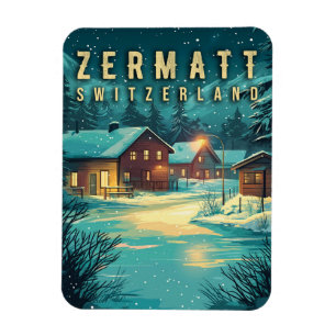Vintage Zermatt, Switzerland: Snowy Alps at Night Magnet
