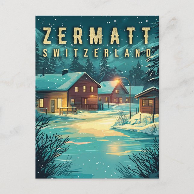Vintage Zermatt, Switzerland: Snowy Alps at Night Postcard (Front)