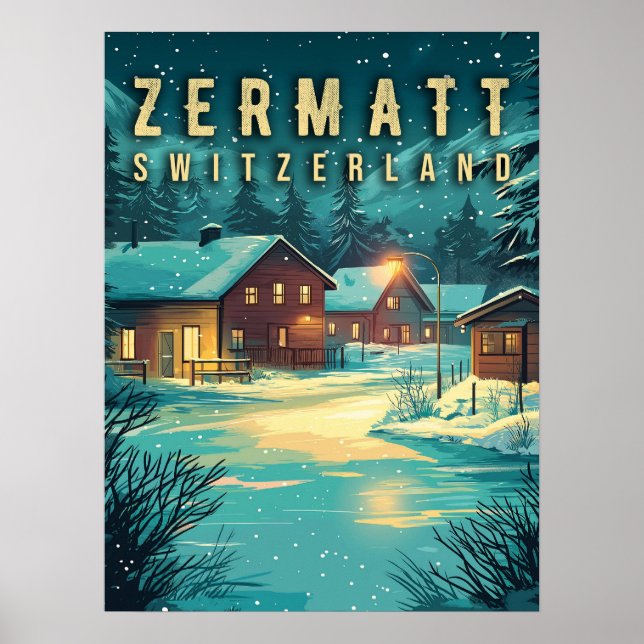 Vintage Zermatt, Switzerland: Snowy Alps at Night Poster (Front)
