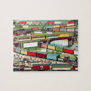 Vintage Zig-zag Passenger and Freight Train Travel Jigsaw Puzzle