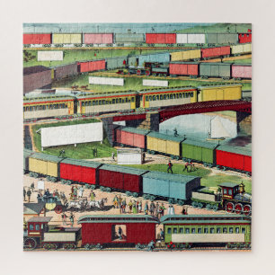 Vintage Zig-zag Passenger and Freight Train Travel Jigsaw Puzzle