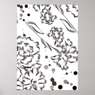 Vintage Zinnia Flowers Drawing Poster