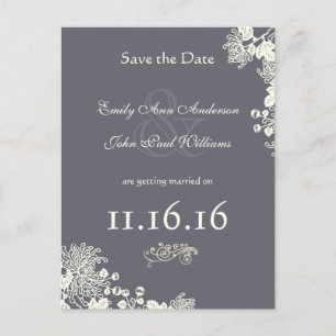 Vintage Zinnia Save the Date Grey and Ivory Announcement Postcard