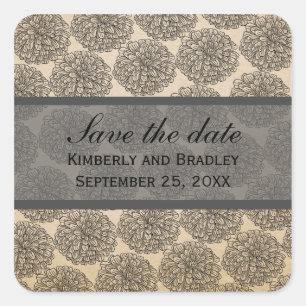 Vintage Zinnia Save the Date Stickers, Grey Square Sticker