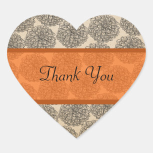 Vintage Zinnia Thank You Stickers, Tangerine Heart Sticker