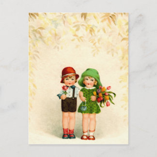 Vintage zwei Kinder und Blumen Postcard