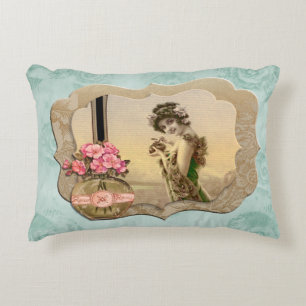 VintageBeauty Framed MintGreen Roses Accent Pillow