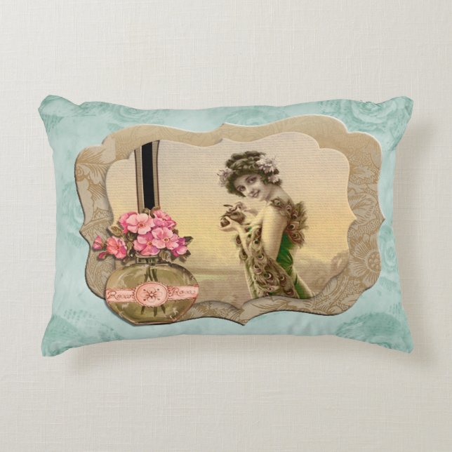VintageBeauty Framed MintGreen Roses Accent Pillow (Front)