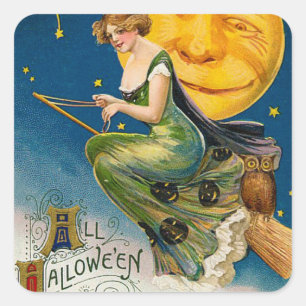Vintahe Halloween witch moon Holiday sticker